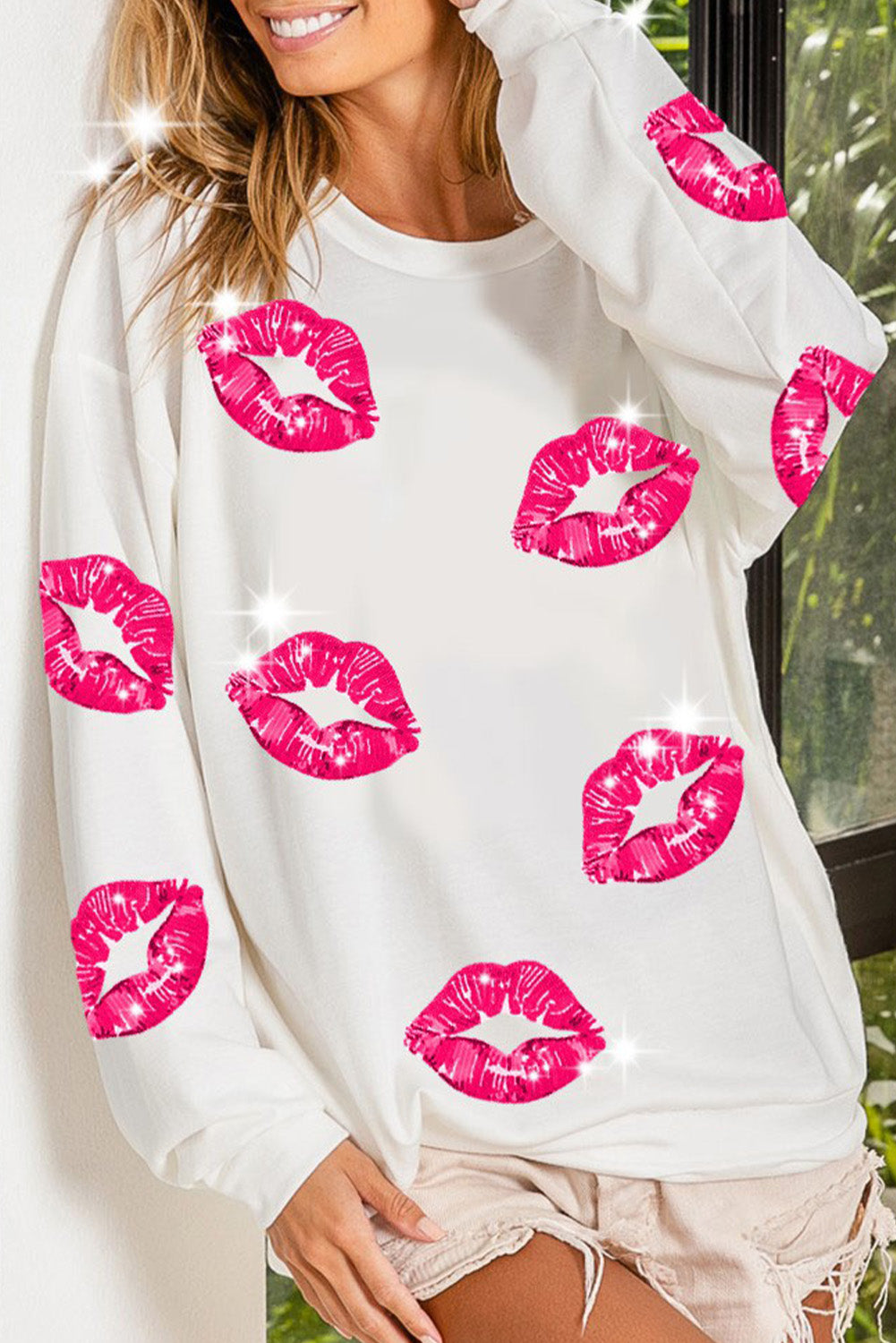 White - Lip Print Sequin Label Graphic Valentine's Day Sweatshirt - womens sweatshirts at TFC&H Co.