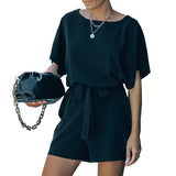 Women's Round Neck Short-sleeved Lace-up Romper
