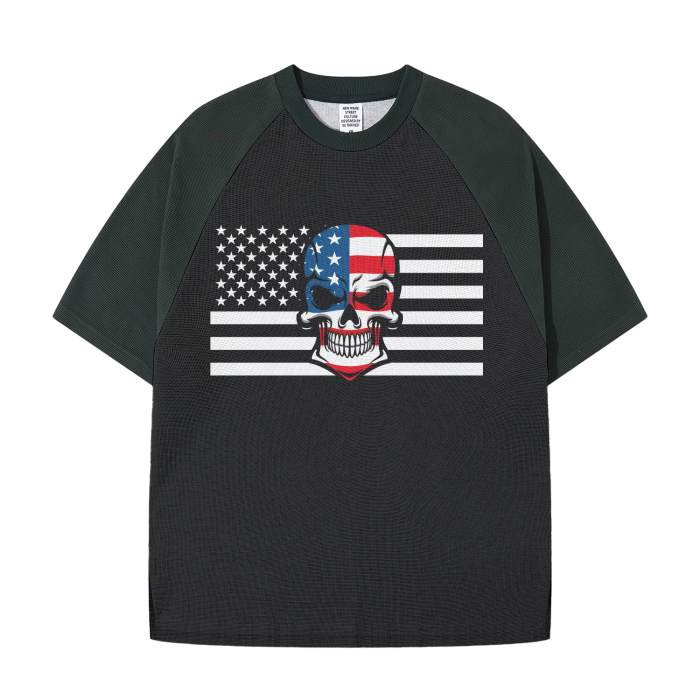 BLACK - Skull Flag Heavyweight Color Block Loose-Fit Waffle Stitch Fabric T-Shirt - mens t-shirt at TFC&H Co.