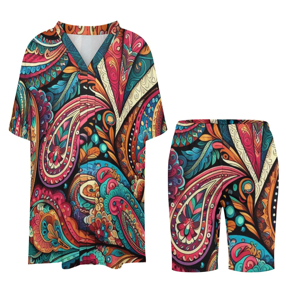 Paisley V-Neck Bat Sleeve Two Piece Short Outfit Set