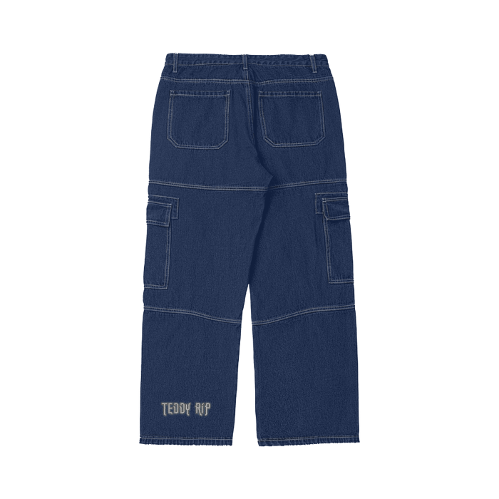 - Teddy Rip (Blue)Unisex Streetwear Pockets Wide-Legged Straight Cut Denim Jeans - unisex jeans at TFC&H Co.