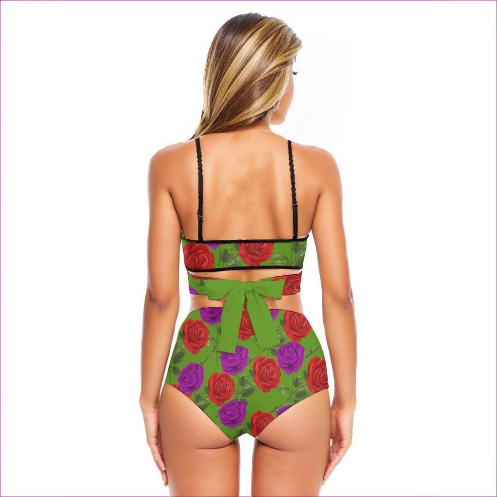Red Rose Purp Green Women's Bikini Sets With Cross Straps - women's bikini at TFC&H Co.