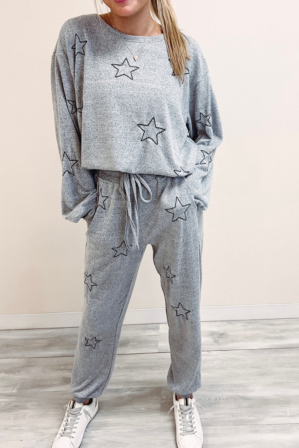 Gray 95%Polyester+5%Elastane - Stars Print Long Sleeve Drawstring High Waist Lounge Set - womens pants set at TFC&H Co.