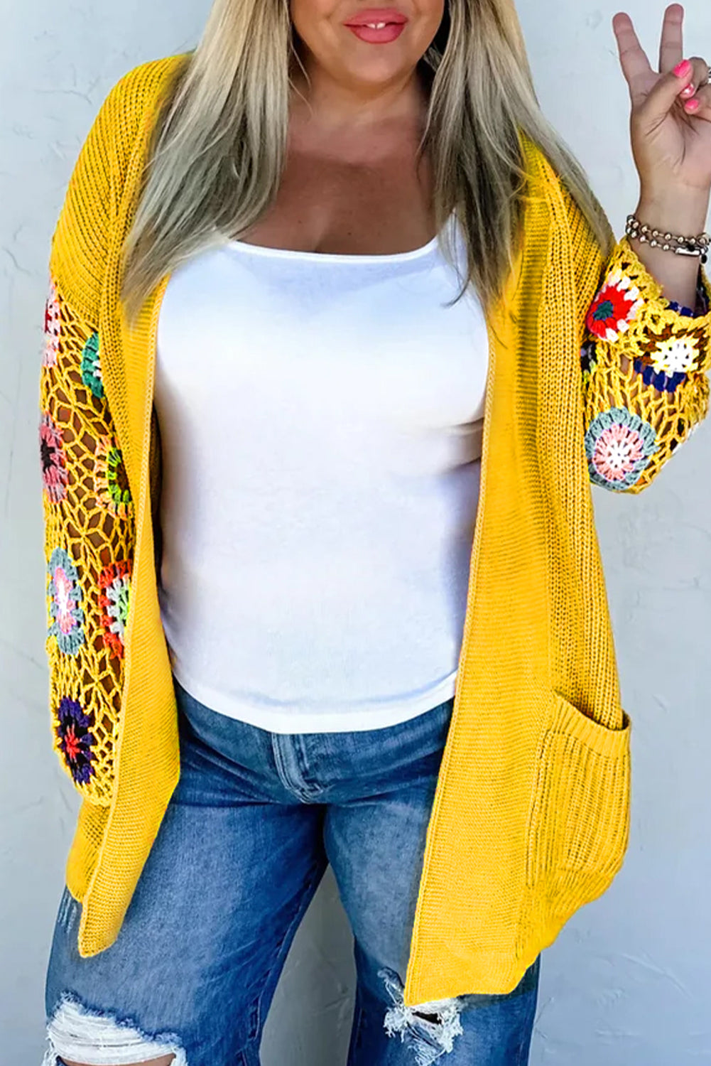 Ginger 100%Acrylic - Ginger Plus Size Floral Crochet Sleeve Open Front Cardigan - womens cardigan at TFC&H Co.