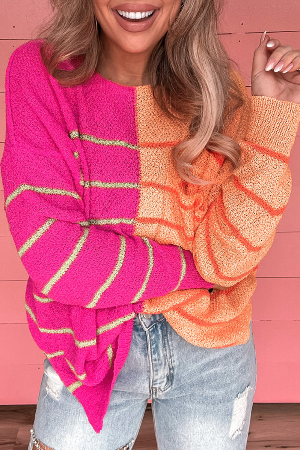 Multicolour 100%Acrylic - Multicolour Striped Color Block Loose Fit Knit Sweater - womens sweater at TFC&H Co.