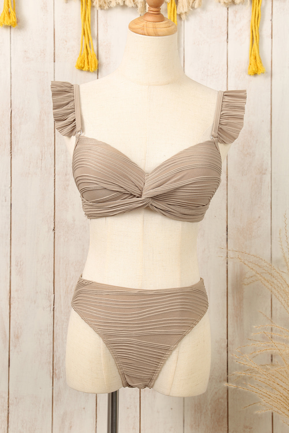 - Pale Khaki Wavy Textured Ruffled Straps Twist Bikini Swimsuit - womens bikini set at TFC&H Co.