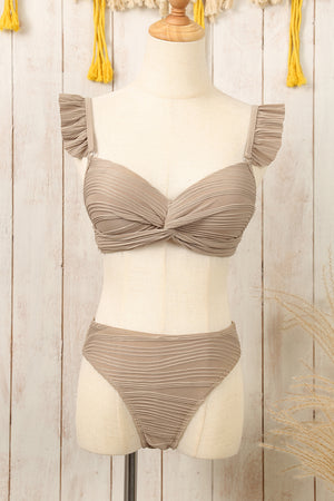 - Pale Khaki Wavy Textured Ruffled Straps Twist Bikini Swimsuit - womens bikini set at TFC&H Co.