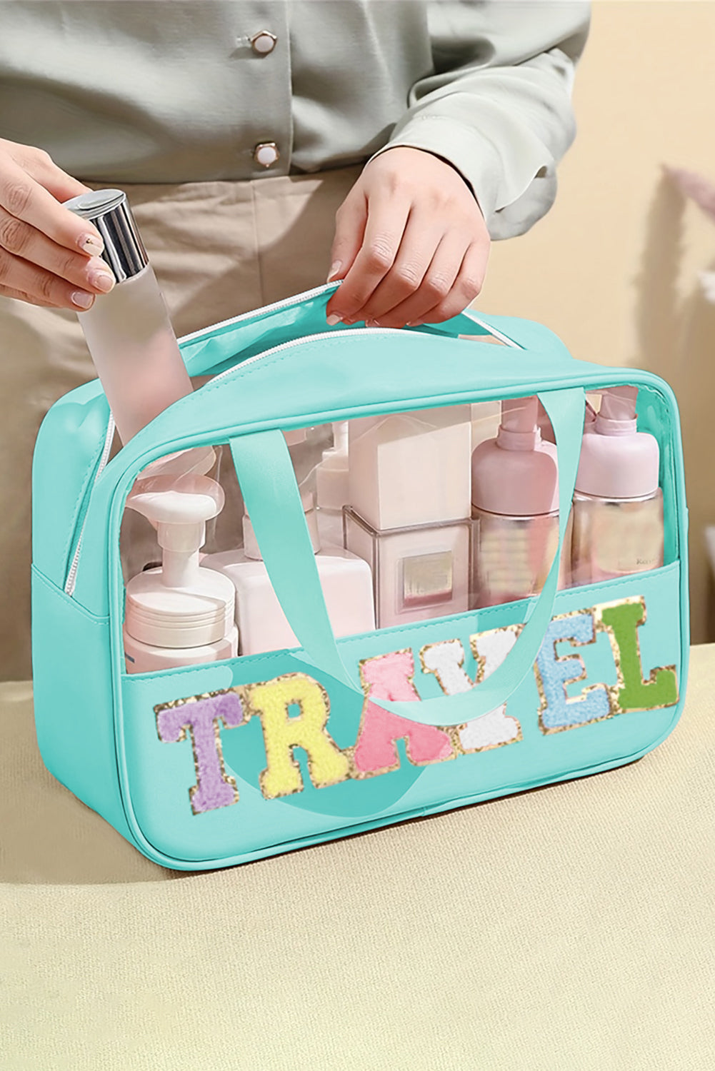 Mint Green ONE SIZE 100%PU - TRAVEL Chenille Letter Clear PVC Makeup Bag - makeup bag at TFC&H Co.