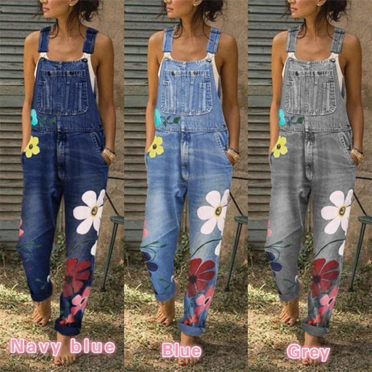 - Flower Printed Washed Denim Overalls - womens overalls at TFC&H Co.