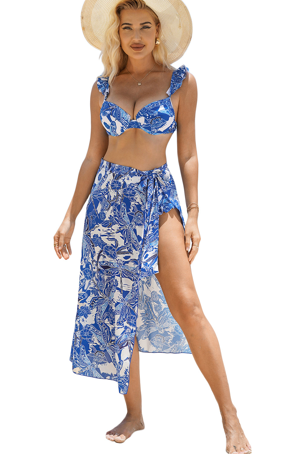 - 3pcs Flower Print Ruffled Bikini and Cover-up - womens bikini set at TFC&H Co.