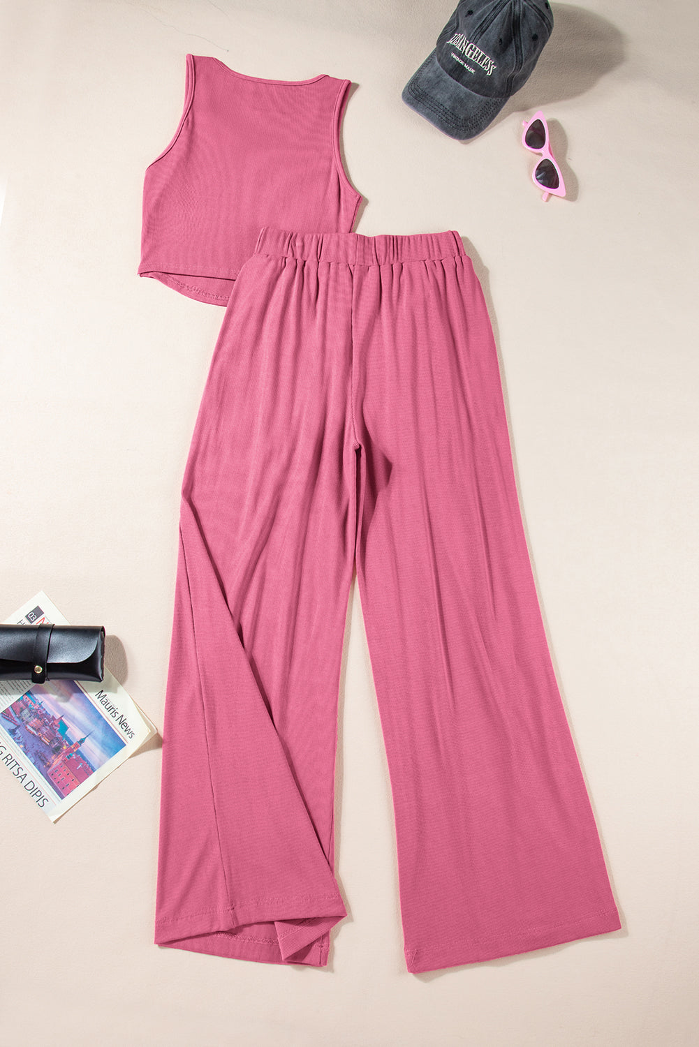 - Pink Textured Sleeveless Crop Top and Wide Leg Pants Outfit Set - women's crop top & pants set at TFC&H Co.