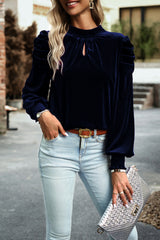 Navy Blue 95%Polyester+5%Elastane - Mock Neck Puff Sleeve Women's Velvet Blouse - womens blouse at TFC&H Co.