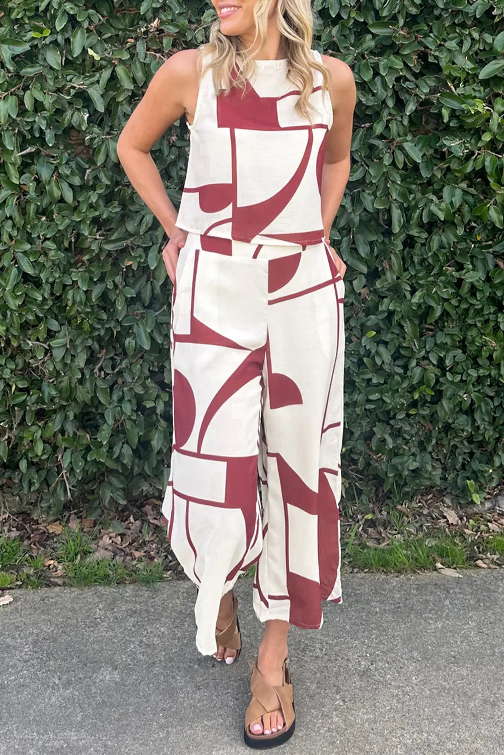White 100%Cotton - Abstract Printed Button Back Vest and Wide Leg Pants Outfit Set - womens pants set at TFC&H Co.