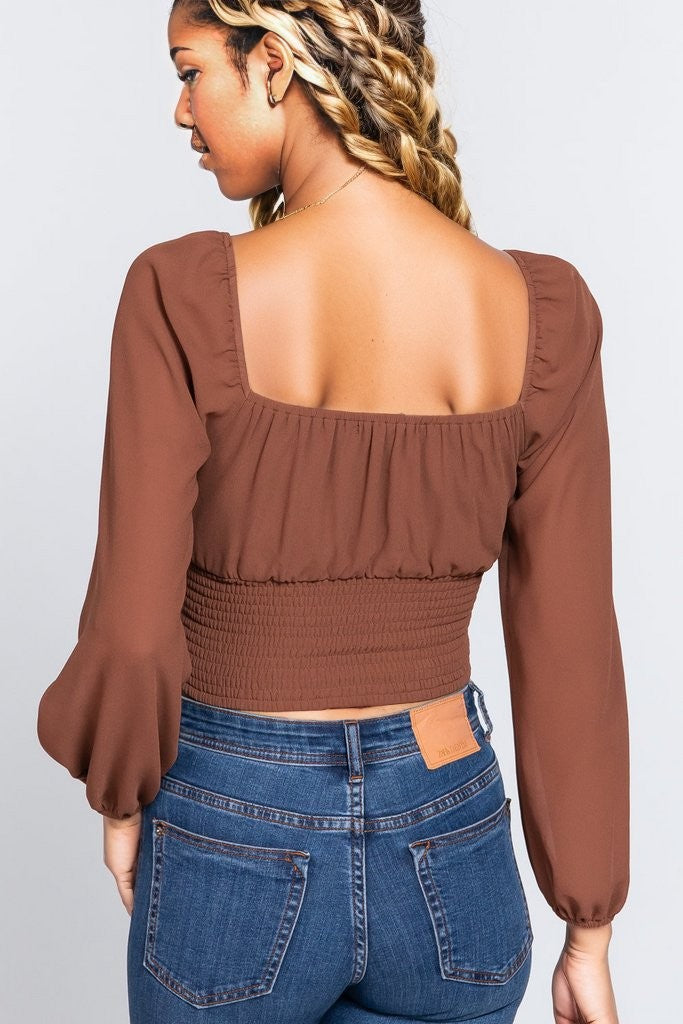 - Front Tied Ruched Detail Long Sleeve Top - womens crop top at TFC&H Co.