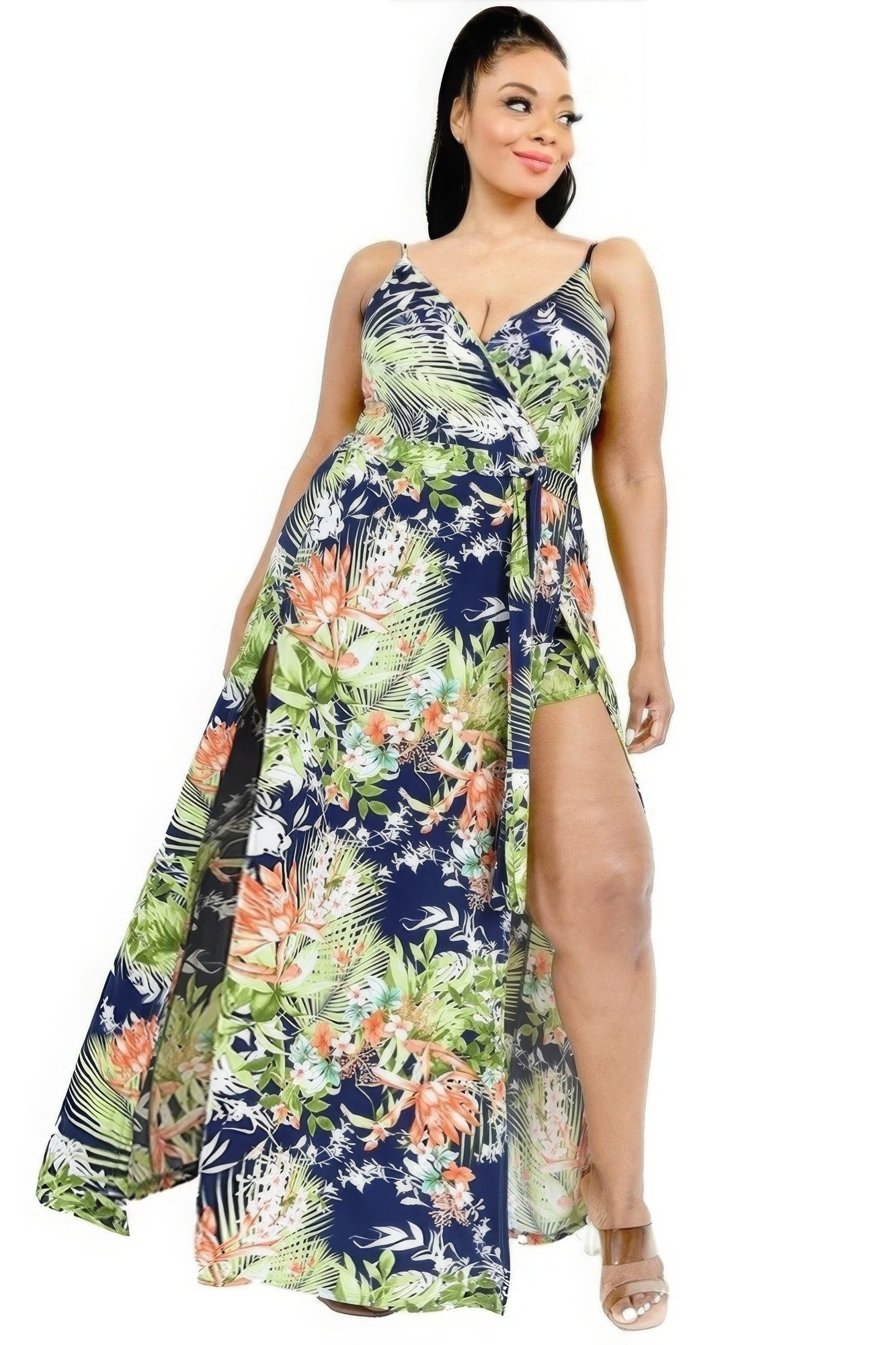 - Voluptuous (+) Plus Tropical Leaf Print Surplice Plus Size Maxi Dress - womens dress at TFC&H Co.