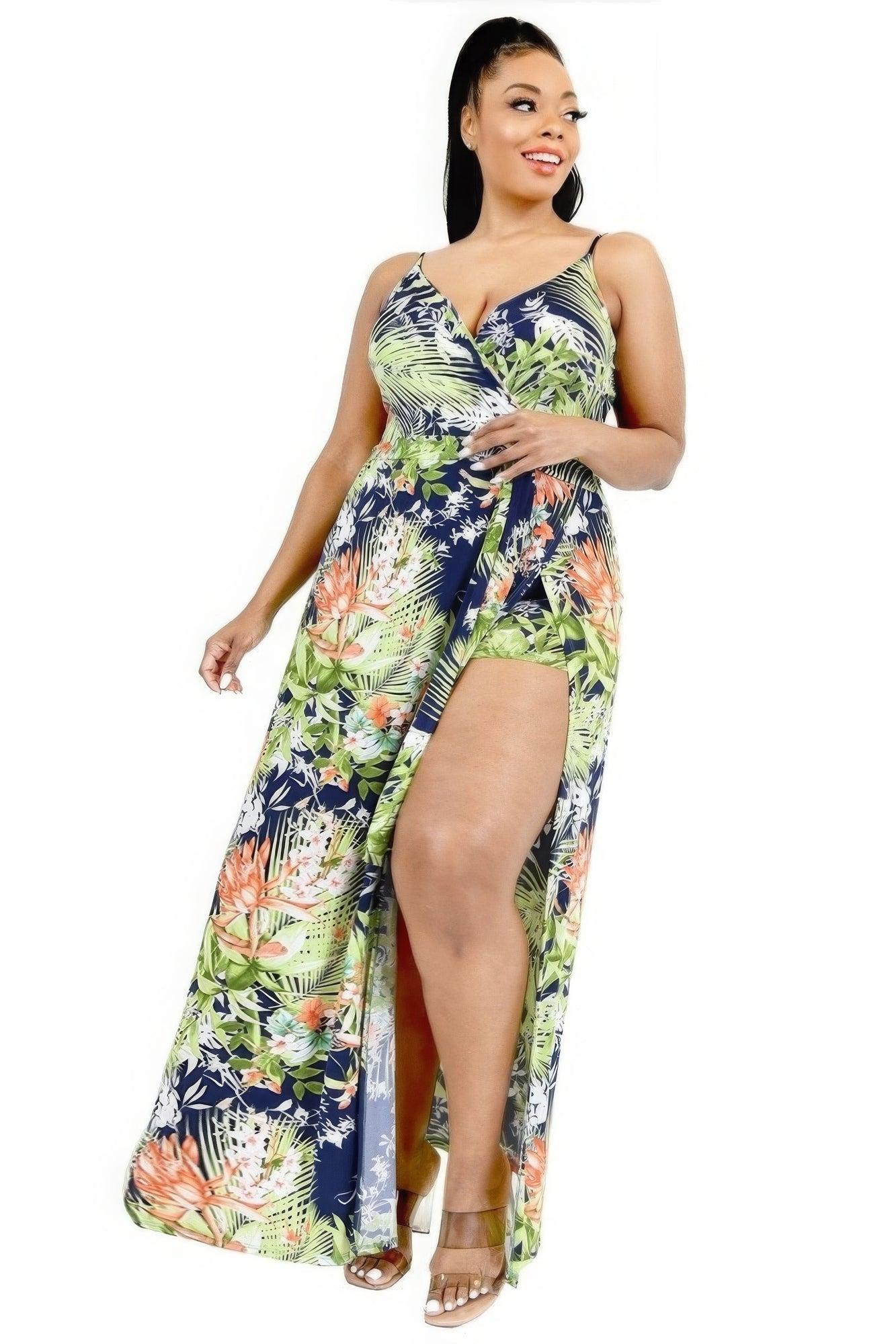 Voluptuous (+) Plus Tropical Leaf Print Surplice Plus Size Maxi Dress