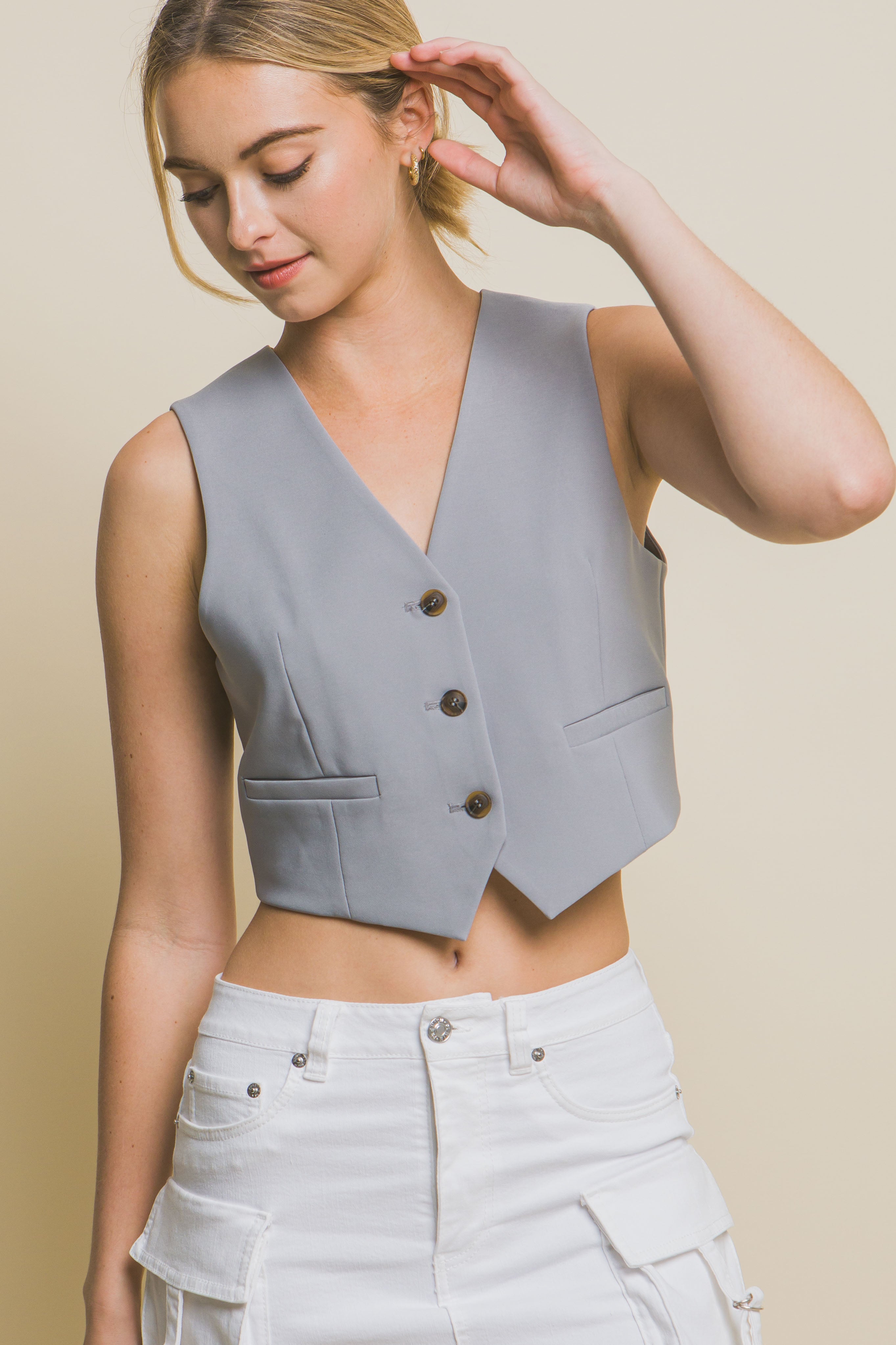 - Women's Cropped Blazer Vest With Button-Up - womens vest at TFC&H Co.
