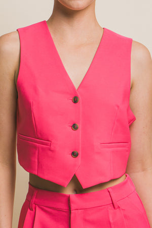 Fuchsia - Women's Cropped Blazer Vest With Button-Up - womens vest at TFC&H Co.