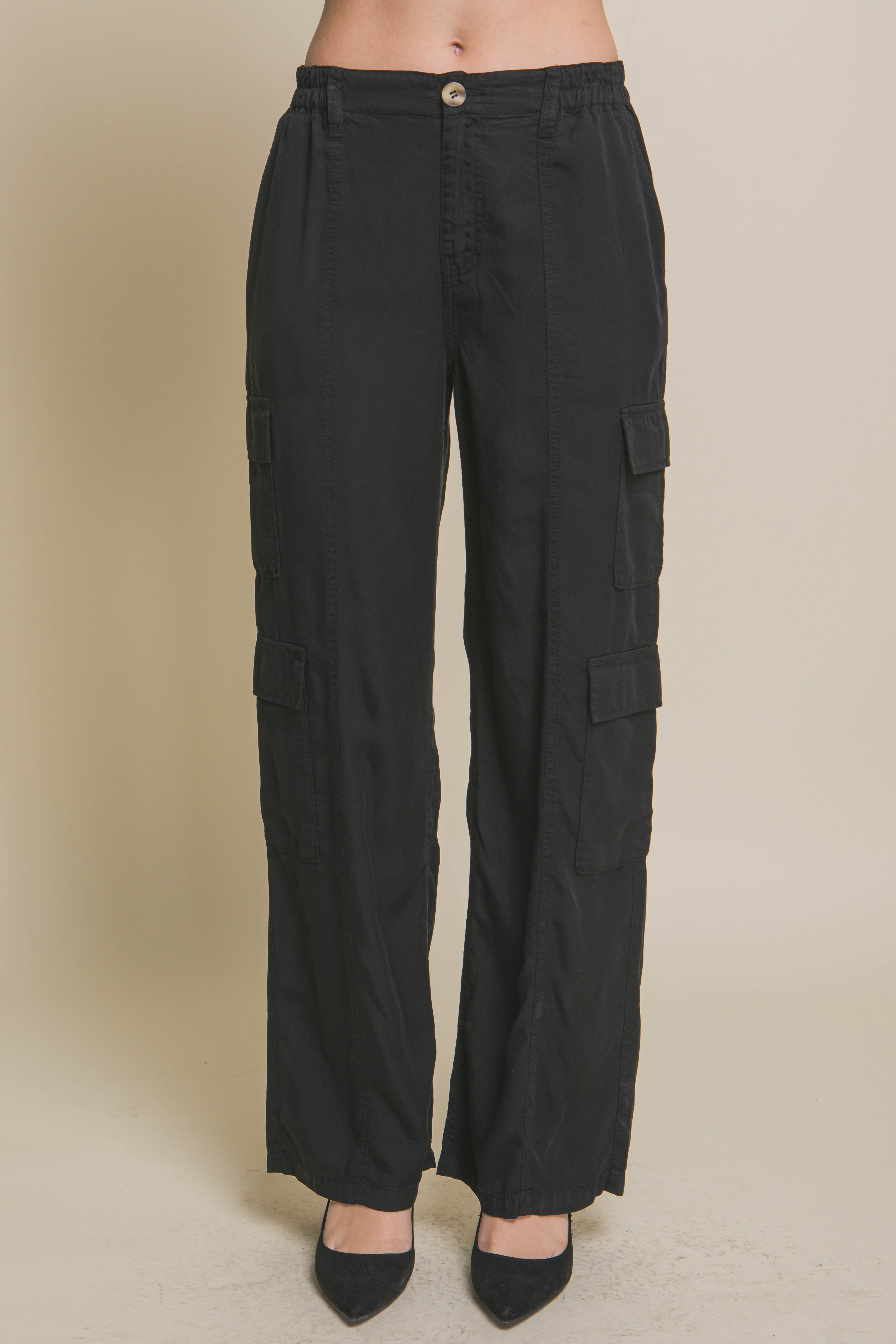 Black - Full-length Women's Tencel Pants With Cargo Pockets - womens pants at TFC&H Co.