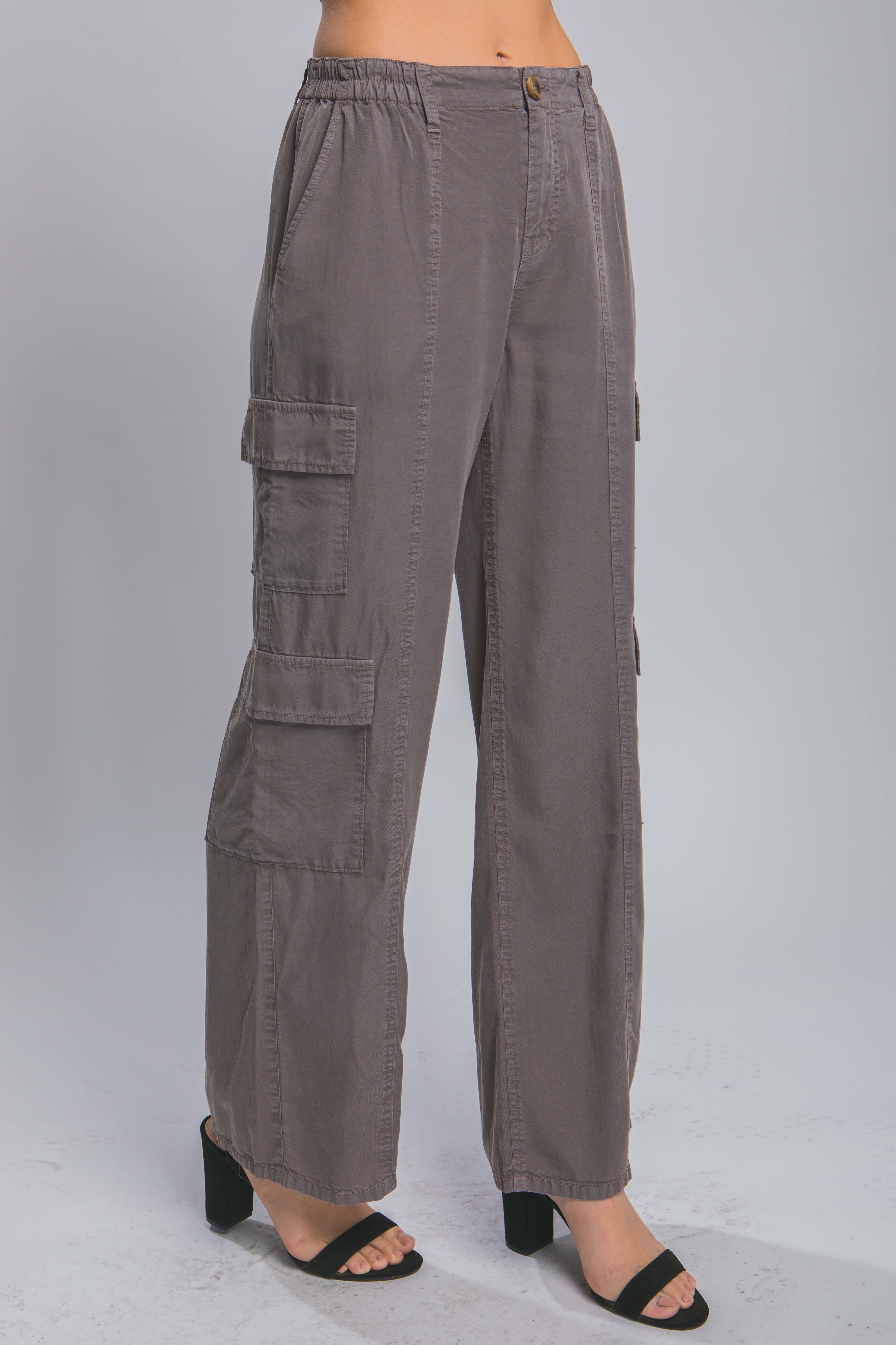 Dark Grey - Full-length Women's Tencel Pants With Cargo Pockets - womens pants at TFC&H Co.