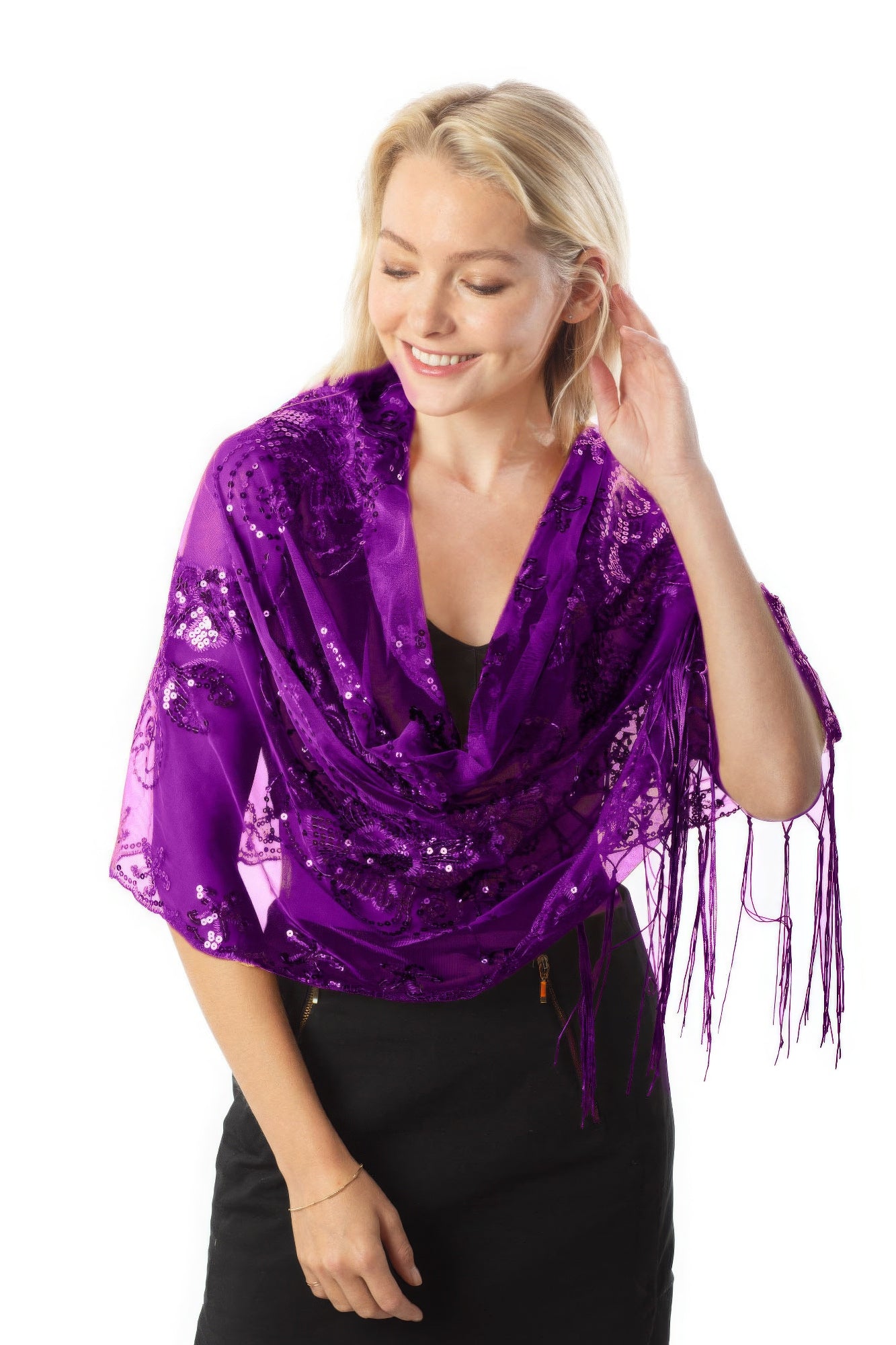 Purple - Sequined Shawl Flower - Scarf Wrap or Shawl at TFC&H Co.