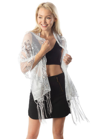 White - Sequined Shawl Flower - Scarf Wrap or Shawl at TFC&H Co.