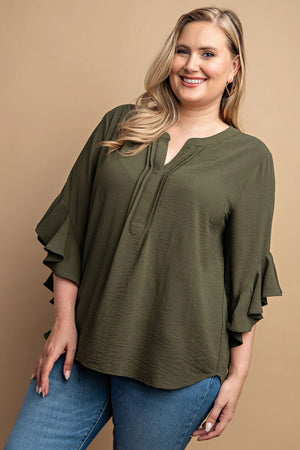 Olive - Voluptuous (+) Ruffled Bell Sleeve And Front Pleated Detail Plus Size Women's Top - womens top at TFC&H Co.