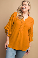 Golden - Voluptuous (+) Ruffled Bell Sleeve And Front Pleated Detail Plus Size Women's Top - womens top at TFC&H Co.