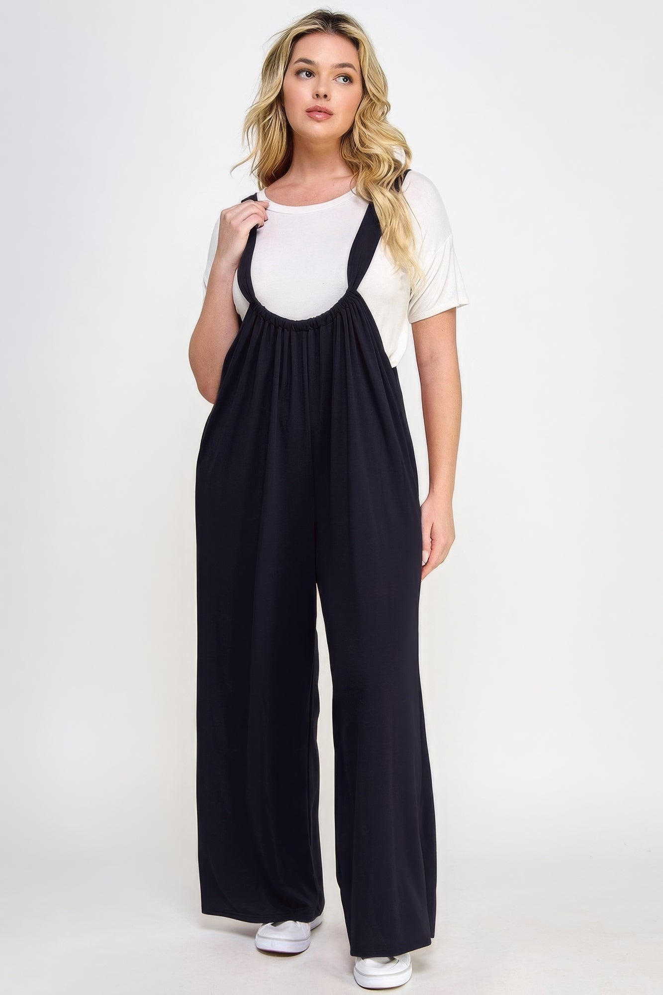 Black - Voluptuous (+) French Terry Wide Leg Women's Plus Size Overalls Jumpsuit - womens overalls at TFC&H Co.