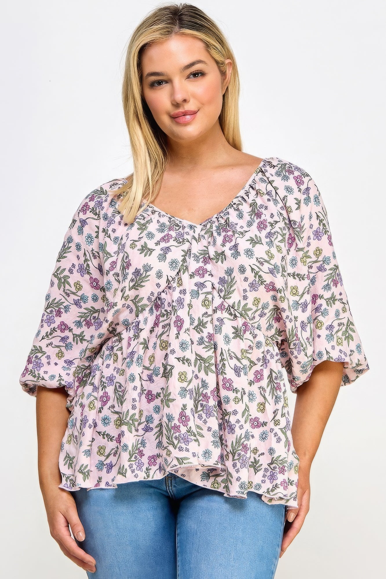 Fairy Pink - Voluptuous (+) V-neck Balloon Slv Floral Babydoll Top for Women - womens top at TFC&H Co.