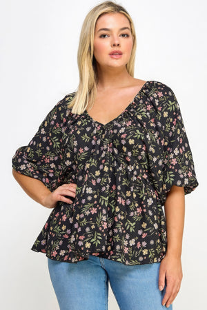 Black - Voluptuous (+) V-neck Balloon Slv Floral Babydoll Top for Women - womens top at TFC&H Co.