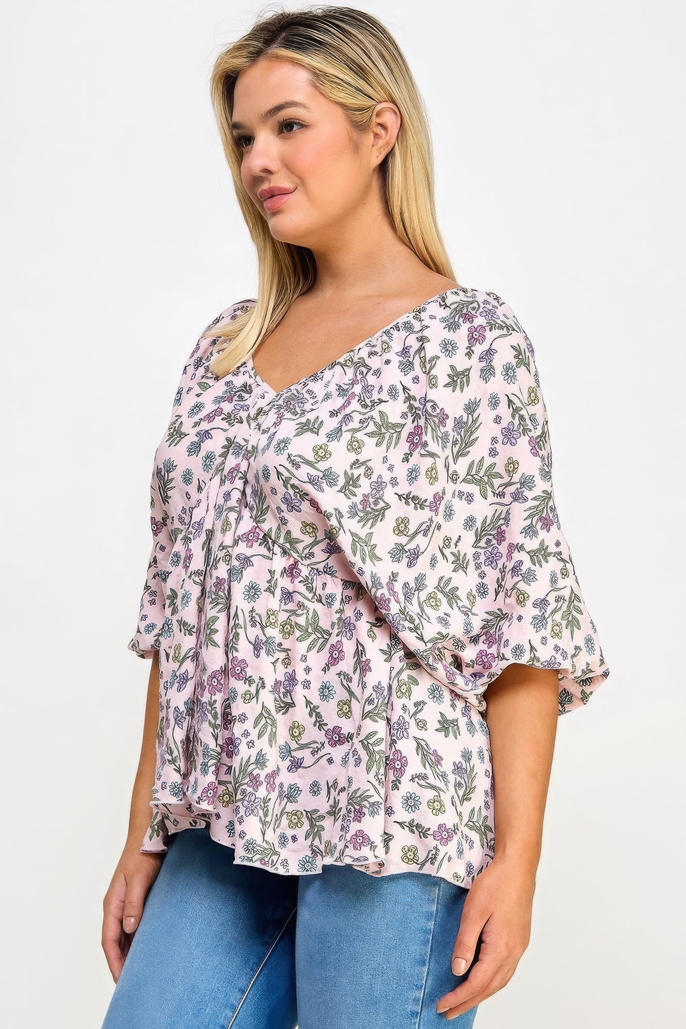 - Voluptuous (+) V-neck Balloon Slv Floral Babydoll Top for Women - womens top at TFC&H Co.