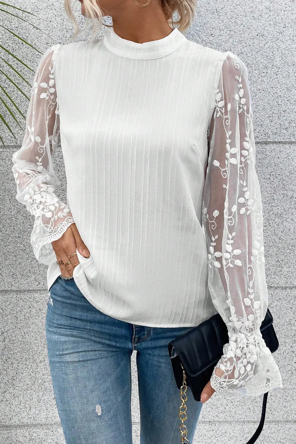 - Contrast Lace Sleeve Mock Neck Textured Blouse - womens blouse at TFC&H Co.