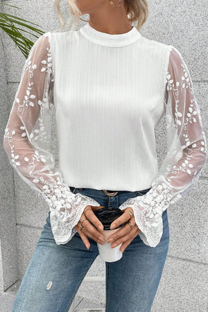 - Contrast Lace Sleeve Mock Neck Textured Blouse - womens blouse at TFC&H Co.