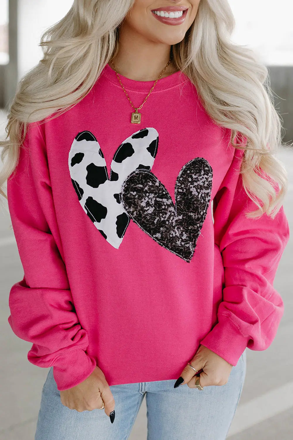 Strawberry Pink 62.7%Polyester+37.3%Cotton - Cow & Sequin Double Heart Patch Graphic Sweatshirt - womens sweatshirt at TFC&H Co.