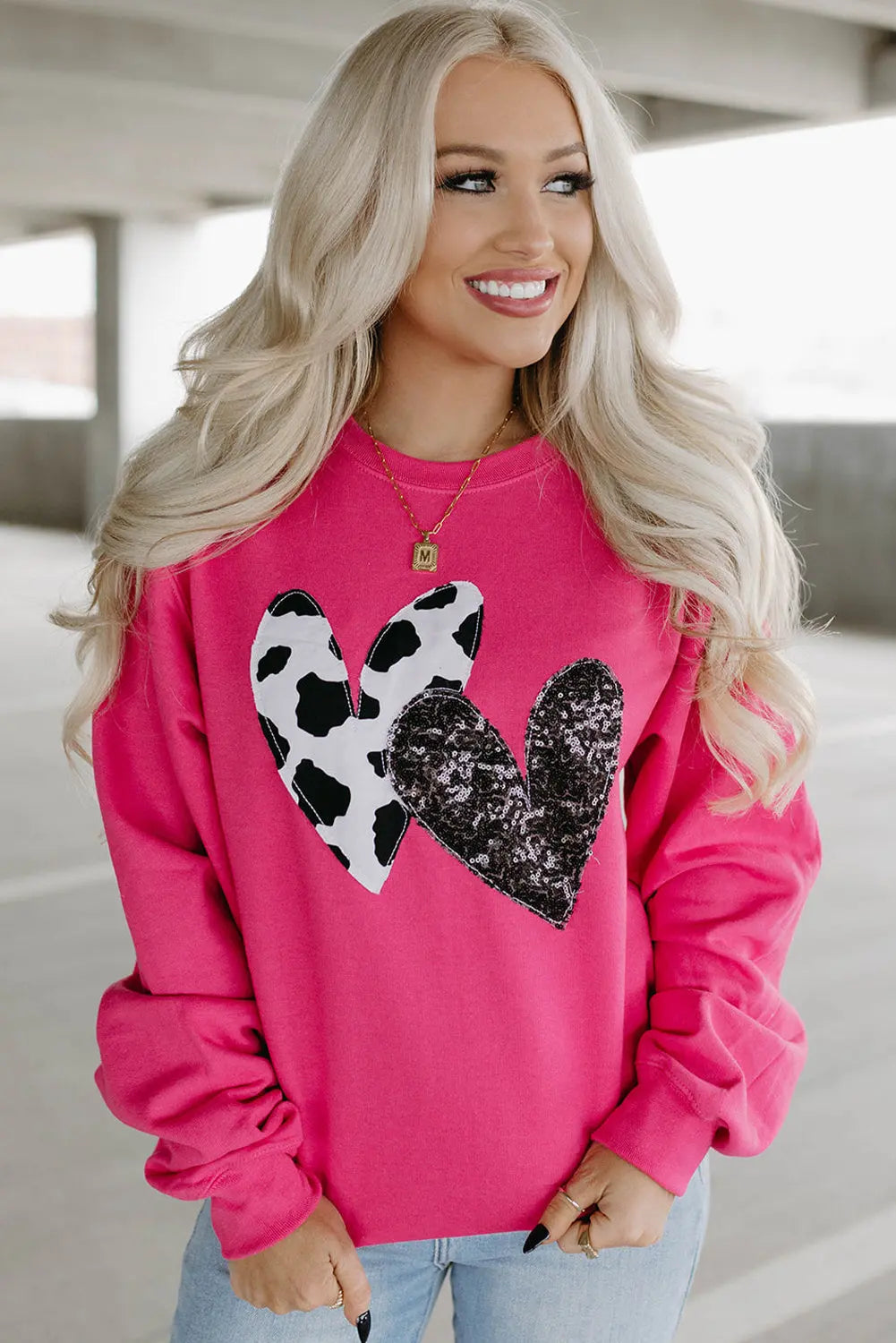 - Cow & Sequin Double Heart Patch Graphic Sweatshirt - womens sweatshirt at TFC&H Co.
