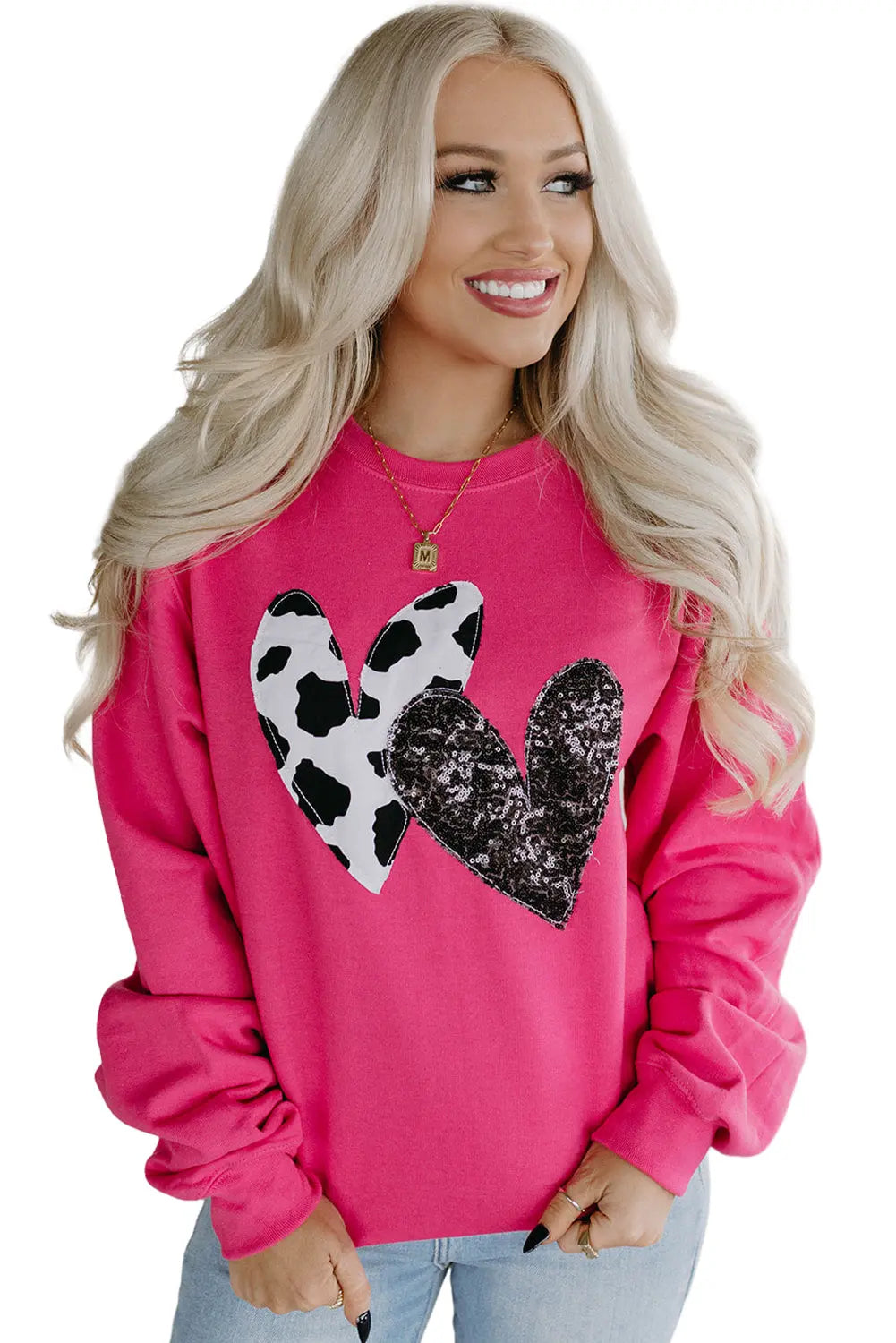 - Cow & Sequin Double Heart Patch Graphic Sweatshirt - womens sweatshirt at TFC&H Co.