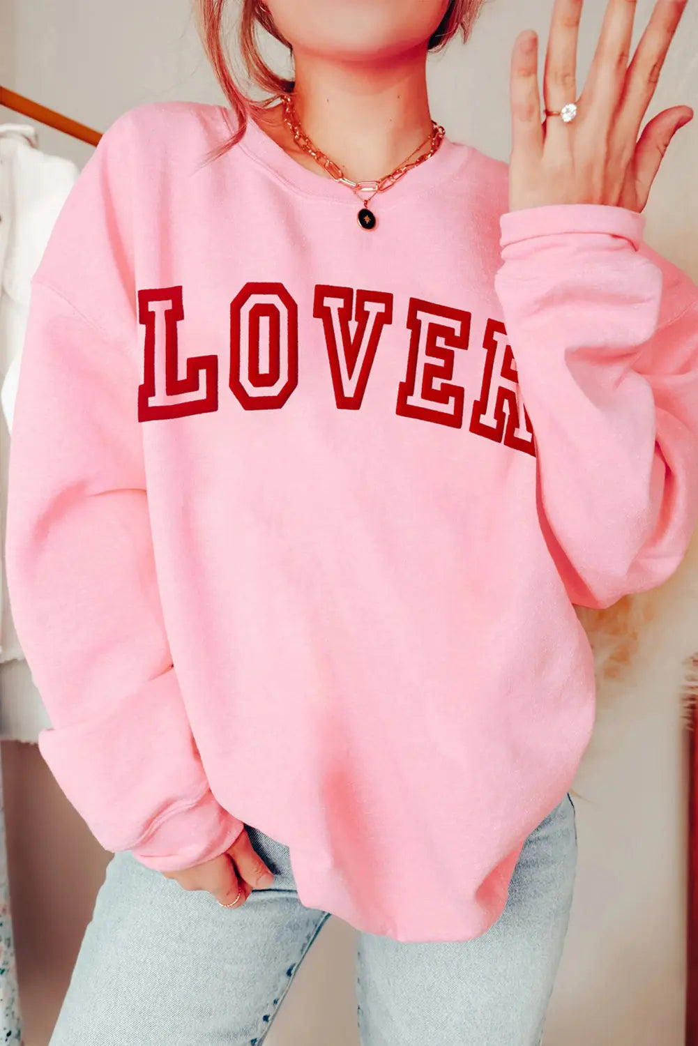 Pink 50%Polyester+50%Cotton - LOVER Puff Print Drop Shoulder Pullover Sweatshirt - womens sweatshirt at TFC&H Co.
