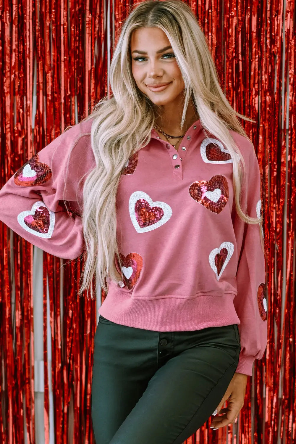 Pink 95%Polyester+5%Elastane - Mineral Wash Sequin Heart Snap Buttons Collared Sweatshirt - womens sweatshirt at TFC&H Co.