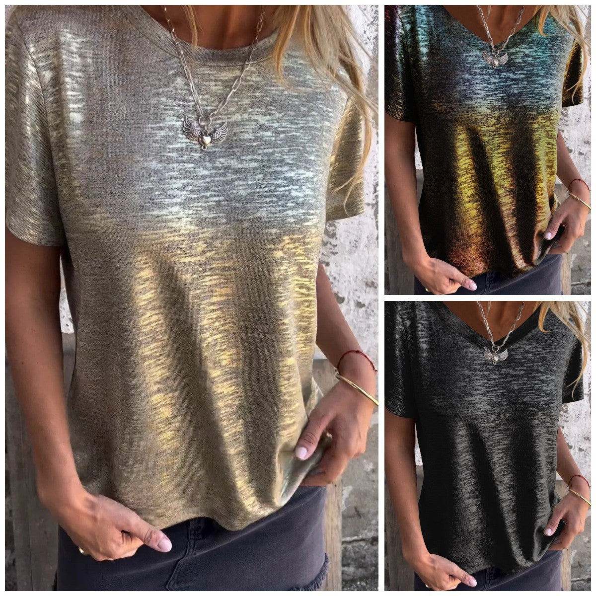 Women's Fashion Casual Metallic Shine Short Sleeve Round Neck T-Shirt
