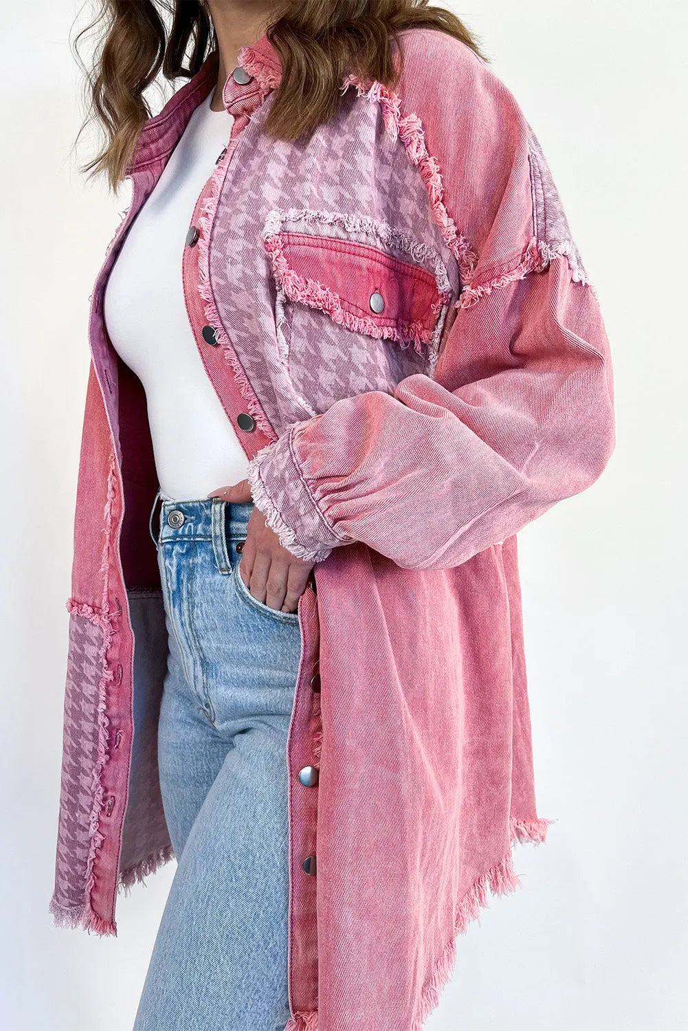 Pink 100%Cotton - Retro Distressed Houndstooth Patchwork Denim Jacket - womens denim jacket at TFC&H Co.