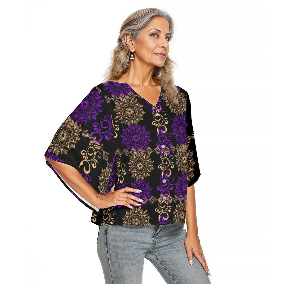 - Royal Hues Women's Bat Sleeve Light V-neck Front Buttoned Blouse - womens blouse at TFC&H Co.