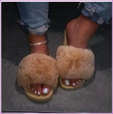 Yellow Brown - Spring/Summer New Rhinestone Flat Bottom Oversized Furry Sandals and Slippers - Ladies Slippers at TFC&H Co.