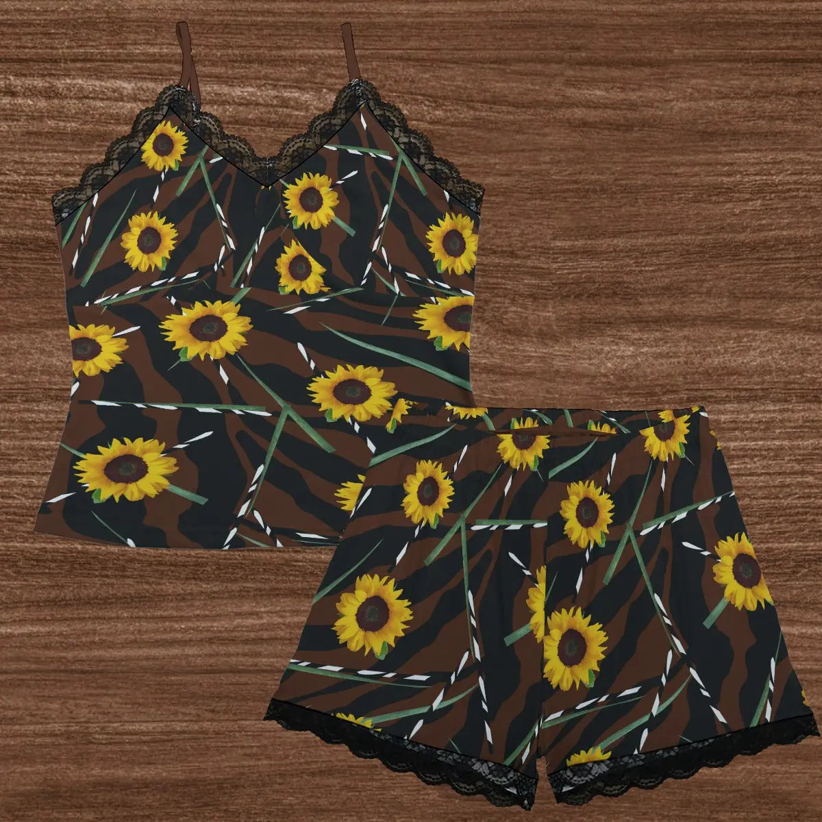 Brown - Sunflower Wild Cami Lace Edge Women's Pajama Set - womens pajamas set at TFC&H Co.