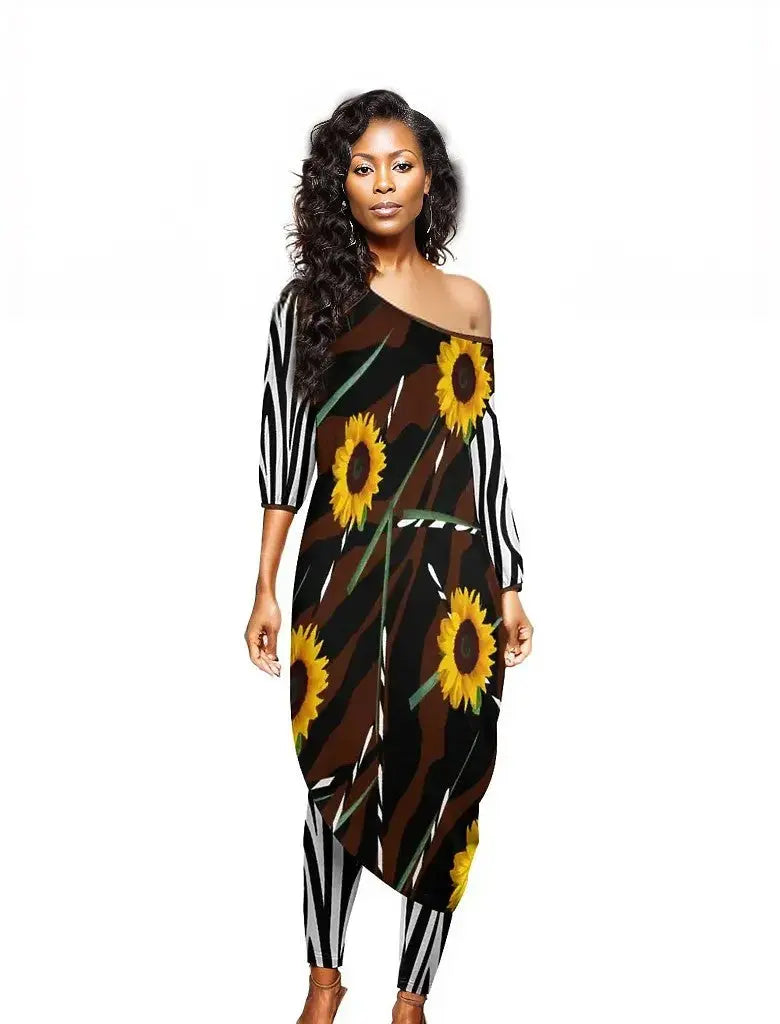 - Sunflower Wild Diagonal Shoulder Women's Top & Pants Outfit Set - womens pants set at TFC&H Co.
