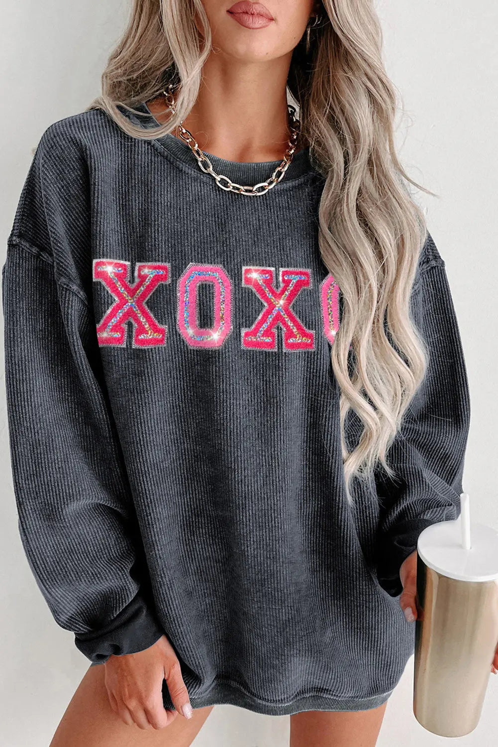 Gray 100%Polyester - Valentine Sequin XOXO Corded Crew Neck Sweatshirt - womens sweatshirt at TFC&H Co.