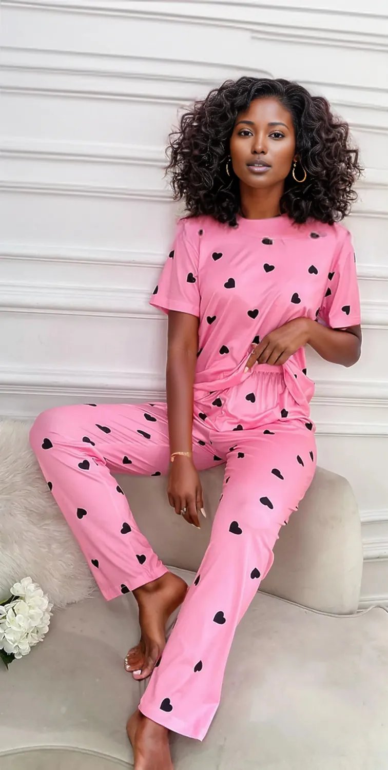 Pink 95%Polyester+5%Elastane - Valentines Heart Print Tee and Pants Lounge Outfit Set - womens pants set at TFC&H Co.