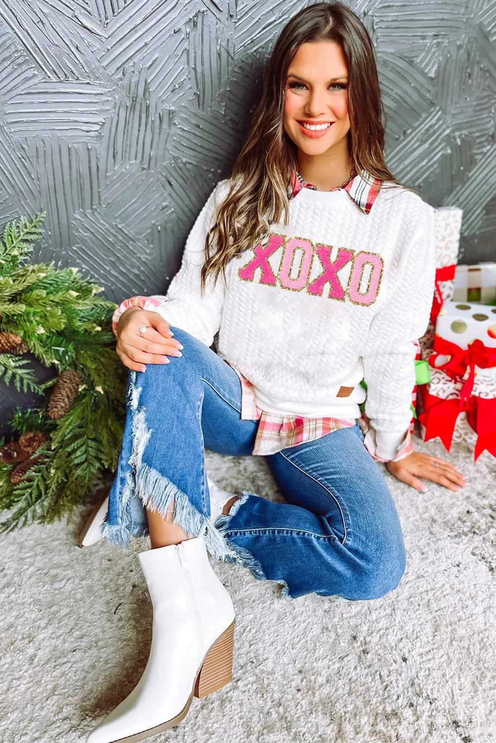 - XOXO Glitter Chenille Cable Knit Pullover Women's Sweatshirt - womens sweatshirt at TFC&H Co.