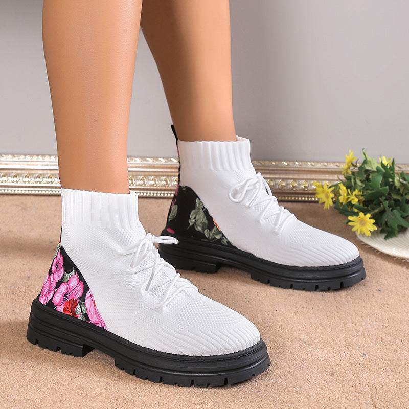 White - Floral Print Knitted Mesh Sock Boots - womens boot at TFC&H Co.