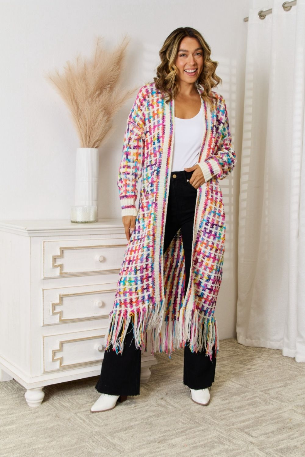 Red/White L Multicolored Open Front Fringe Hem Cardigan - women's cardigan at TFC&H Co.
